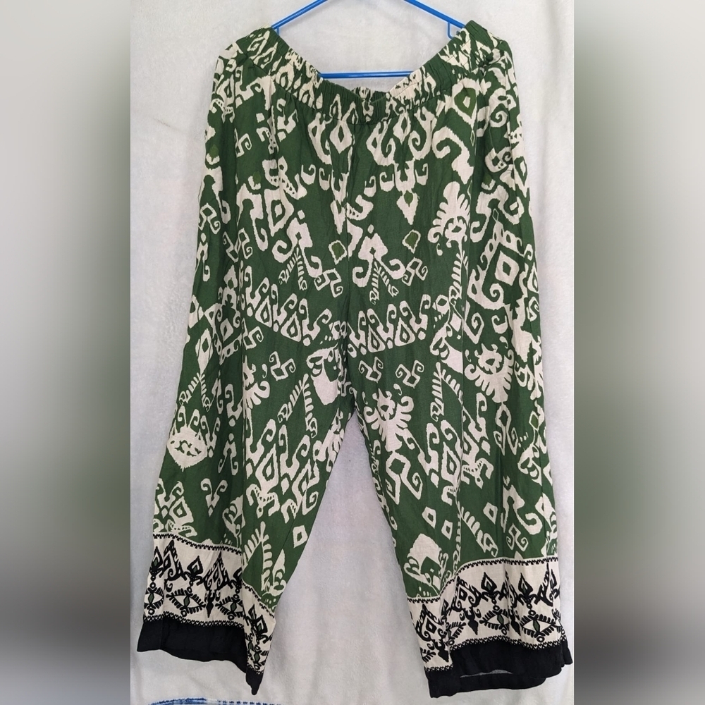 Haute Hippie Green and Beige Palozzo Linen Blend Wide Leg Pants Sz‎ 1X